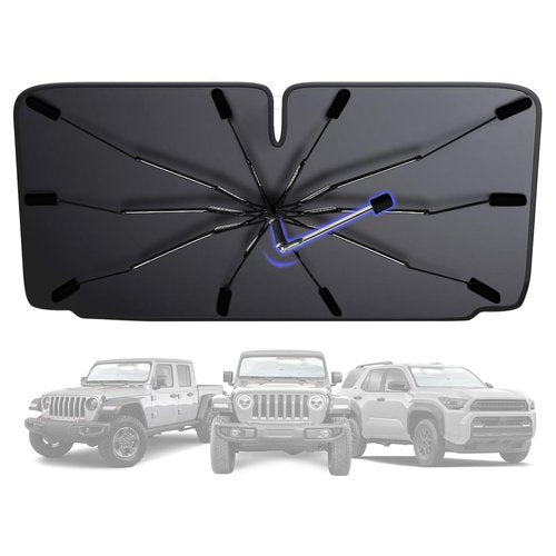 [2025 Upgraded] Windshield Sun Shade Umbrella - Foldable Car Sunshade for Jeep Wrangler/Gladiator, for Toyota 4Runner/Land Cruiser, Front Window Sun Shade UV Block & Heat Shield(Small-55"x23")