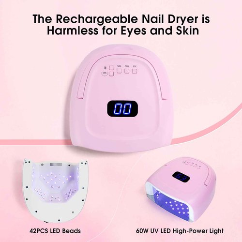 60W Rechargeable LED Nail Lamp, Cordless Gel Lamp with Portable Handle & 42pcs Lamp Beads, Automatic Sensor UV LED Nail Dryer, 4 Timers Professional UV Light for Gel Nails