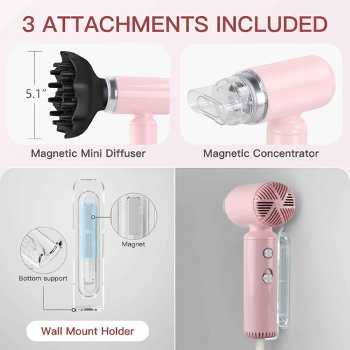 Webeauty Hair Dryer, [Super Mini] Ionic High-Speed Travel Blow Dryer with Diffuser 200 Million Negative Ions, 110,000RPM Brushless Motor for Home Salon Fast Drying Portable Lightweight, Pink