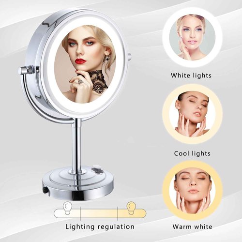 Cavoli 8.5 inch LED Makeup Mirror with 10X Magnification,has Three Colors Lights,Extendable Bathroom Mirror,Tabletop Two-Sided, Antique Brass Finish(8.5in,10X) (Chrome, 10x Magnification)