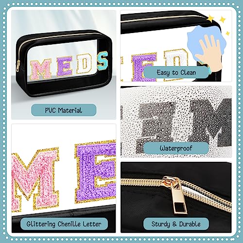 Geetery Chenille Letter Bag Nylon Portable Makeup Cases Preppy Patch with Zipper Cosmetic Toiletry Storage Bag for Women(Black,Original MEDS)