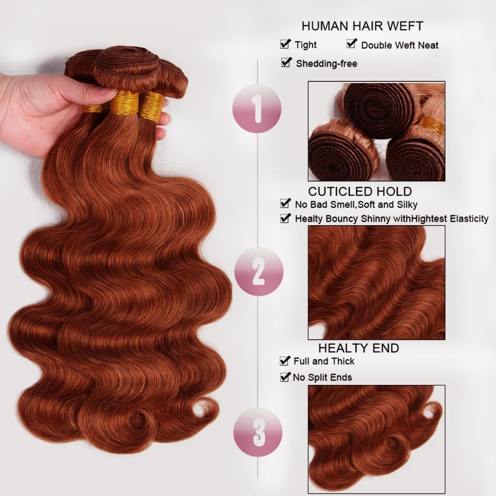 Giginger Bundles Human Hair 18 20 22 Inch Reddish Brown Body Wave Bundles Color 33 Human Hair Body Wave Unprocessed Quick Weave Soft Sewn In Hair Extensions for Black Women