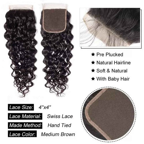 Taziza Human Hair Bundles with Closure Water Wave(16 18 20+14,Free Part) Brazilian Virgin Human Hair 3 Bundles and Closure Wet and Wavy Natural Color