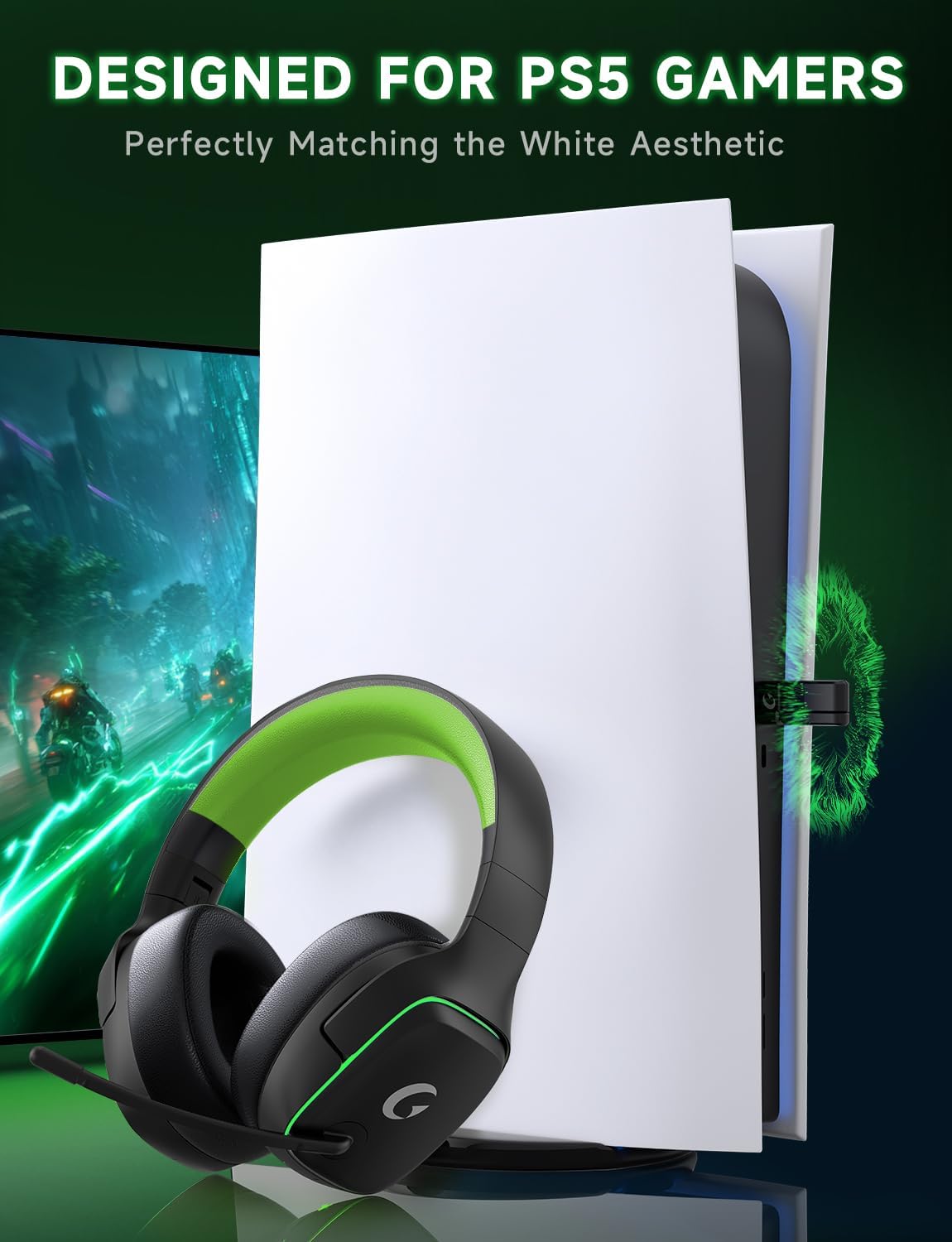 2.4GHz Wireless Gaming Headsets for PS5, PS4, PC, Switch - Bluetooth 5.3 Gaming Headphones with Noise Canceling Mic, 7.1 Surround Sound, 70H Battery, Blue Lighting - White