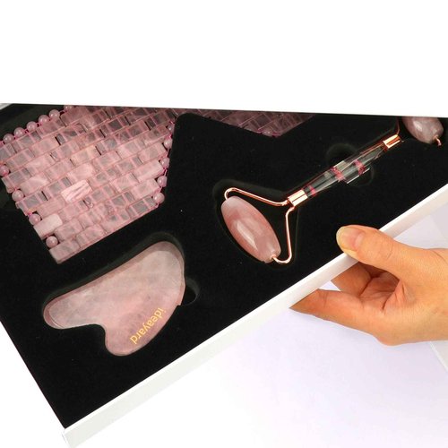ideayard Rose Quartz Eye Mask & Face Roller and Gua Sha 3-in-1, Real Natural AAA Rose Quartz for Skin Care SPA Facial