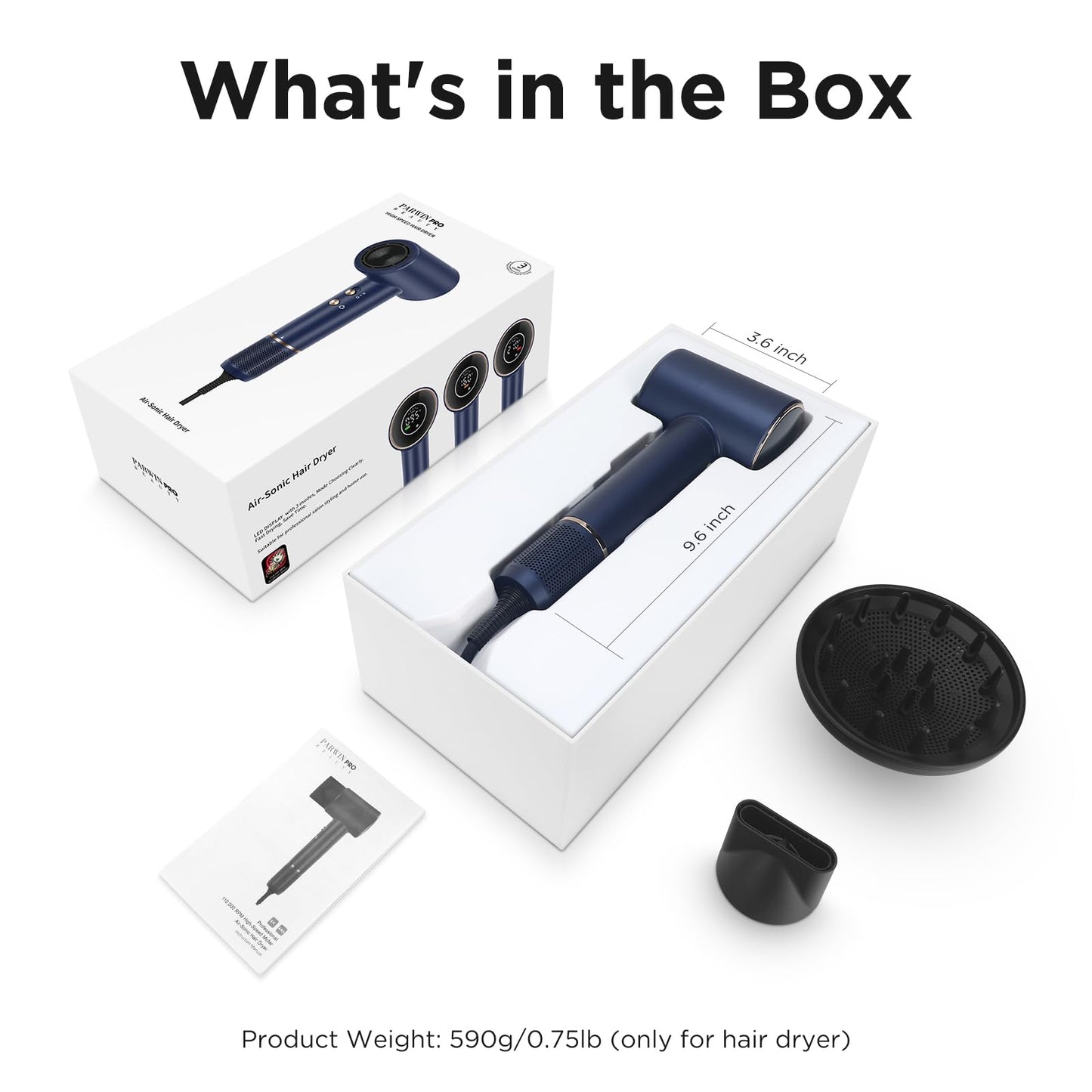 Hair Dryer, PARWIN PRO BEAUTY Fast Drying Blow Dryer with Diffuser, 110,000 RPM High Speed Hair Dryer with HD Display, 200 Million Negative Ions for Frizz Smoothing, 2 Speeds & 3 Temps, Prussian Blue