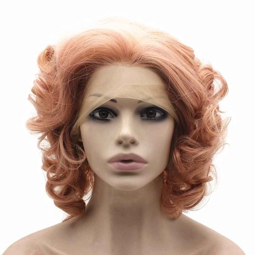 MX angel Short Curly Synthetic Hair Lace Front Rose Pink Wig Heat Friendly Fiber Hair