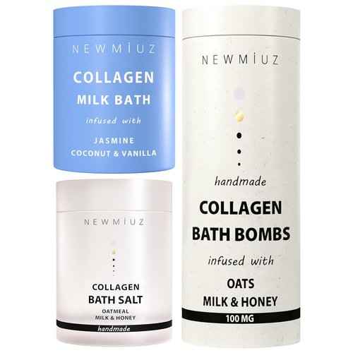 Collagen Skin Care Bath Gift Set Milk Bath, Bath Salt and Bath Bomb Fizz Pack of 3 - Coconut Magnesium Epsom Salt Oatmeal Milk & Honey