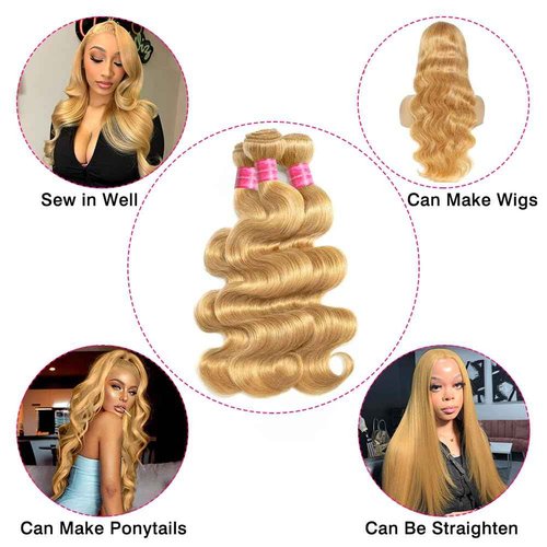 Aopusi #27 Body Wave Bundles 100% Unprocessed Honey Blonde Human Hair Weave Brazilian #27 Colored Blonde Virgin Remy Hair Weft for Black Women(16 18 20 Inch)