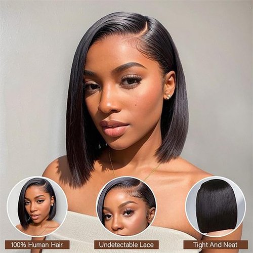 13x6 Bob Lace Front Wigs Human Hair Straight Wigs for Black Women Bob Wig Human Hair Side Part Frontal Bob Wigs Pre Plucked with Baby Hair Natural Hairline (16 Inch)