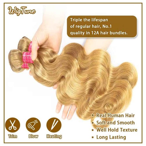 WigTune Honey Blonde Body Wave Bundles Human Hair 12A Raw Hair NO.1 Color 27 Bundles Human Hair 16 18 20 Inch 100% Unprocessed Brazilian Virgin Hair for Black Women