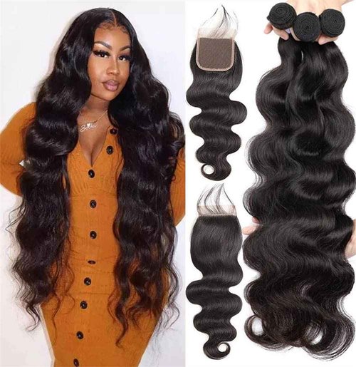 Body Wave Bundles with Closure for Black Women(10 12 14+10)100% Unprocessed Brazilian Body Wave Human Hair 3 Bundles with 4X4 Lace Closure Free Part Natural Color