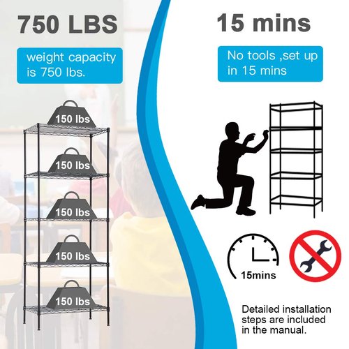 BestOffice | 5-Tier Wire Storage Shelves | 14x24x60 | Black | with Adjustable Racks | Heavy-Duty Metal Shelf, Holds Upto 750 lbs | No-Tool Assembly | Ideal for Home & Garage Shelving
