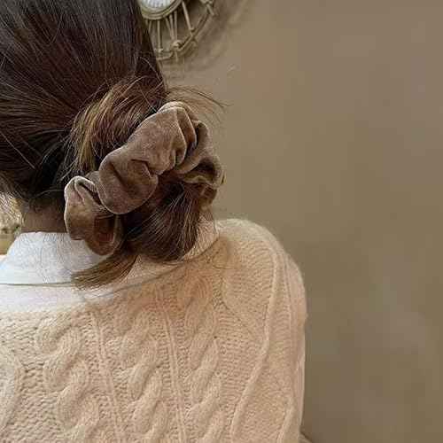 Velvet Scrunchies for Women Girls 4Pcs Large Brown Black Scrunchies Long Thick Curly Hair Soft Hair Bands Neutral Scrunchie Cute Ponytail Holders No Damage Elastic Hair Ties Hair Accessories