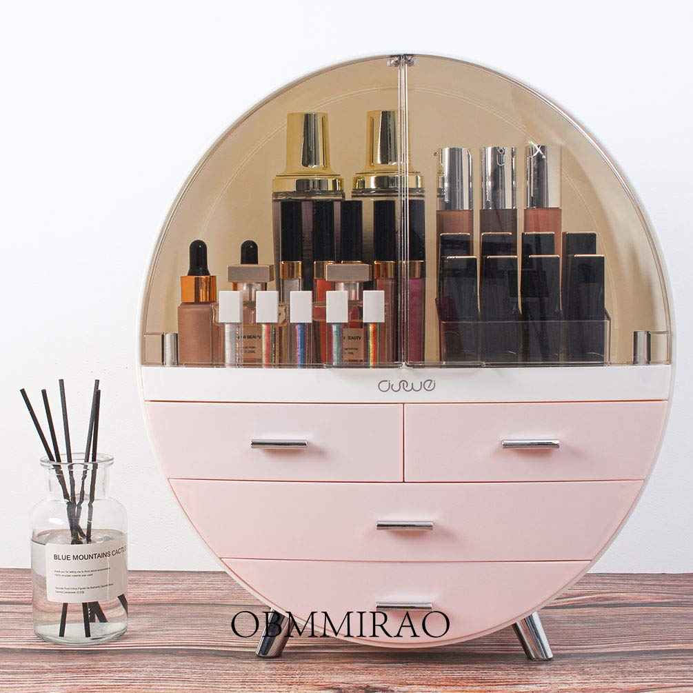 OBMMIRAO Elegant Dustproof Makeup Storage Organizer Box, Waterproof Large Cosmetics Organizer Storage with Drawers Skincare Cosmetic Display Cases for Countertop Bathroom Dresser Dedroom