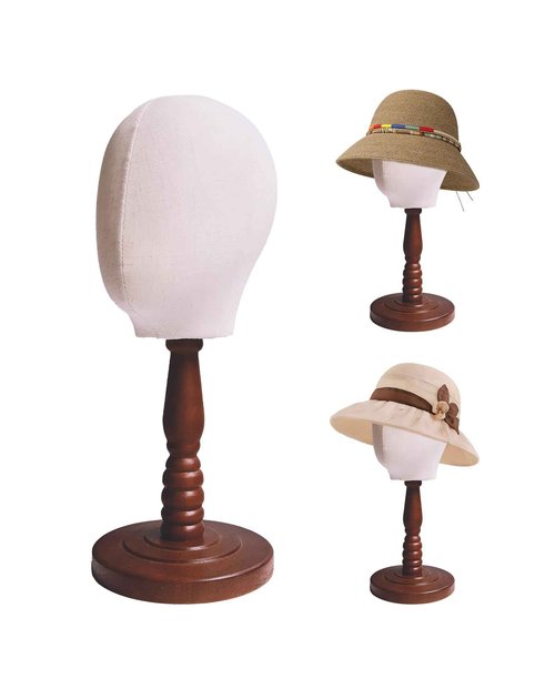 UnPinnable Canvas Mannequin Head Wig Head Stand Mannequin Head Hat Display Wig Head Hat Racks Standing Wig Holder Fabric Mannequin Head Stand for Wigs, Hats, Caps, Headdress, Canvas Dome+Wood Base