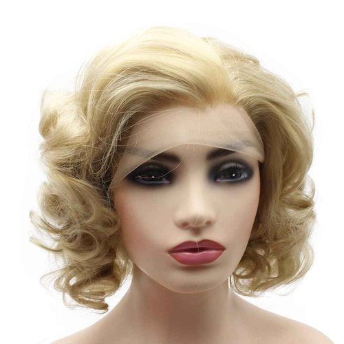 Peakia Short Wavy Ash Blonde Half Hand Tied Synthetic Lace Frontal Wigs
