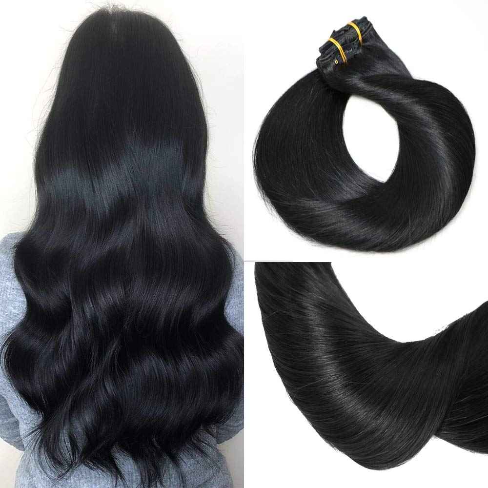 HUAYI Natural Color Jet Black 120g 7Pcs Clip In Hair Extensions Human Hair Soft Silky Thick End Tangle Free Full Head Hair Extensions Balayage Hair (1#16'')