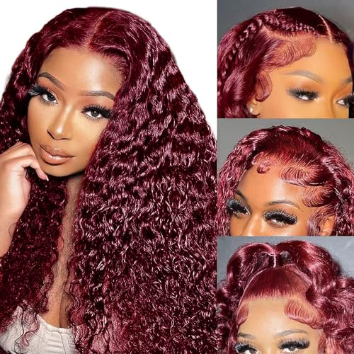 99j Burgundy 13x5 Deep Wave HD Lace Front Wigs Human Hair Pre Plucked Colored Curly Human Hair Wig Glueless Deep Curly Lace Frontal Wigs Red Human Hair Wigs for Women 180% Density £¨20Inch£©