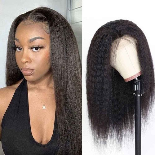 ZIYU 13X4 Kinky Straight Lace Front Wigs Human Hair for Women, 16 inch Kinky Straight Human Hair Wig Pre Plucked HairLine with Baby Hair,180% Density Yaki Straight Lace Wigs Natural Black Color