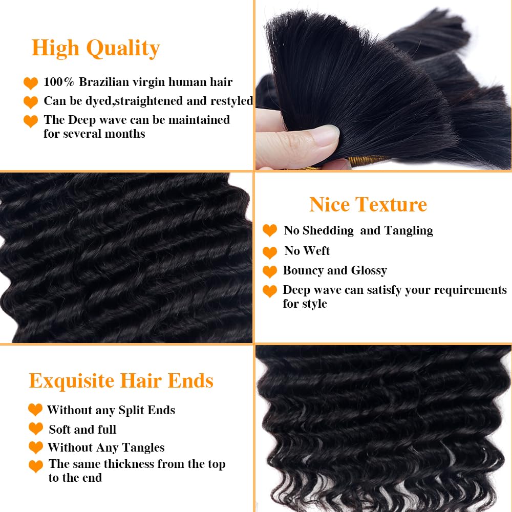 Goulus Deep Wave Bulk Human Hair For Braiding 100% Unprocessed Brazilian Virgin Human Hair Extensions Two Bundles Micro Braiding Human Hair 100g No Weft(28inch, Natural Black)