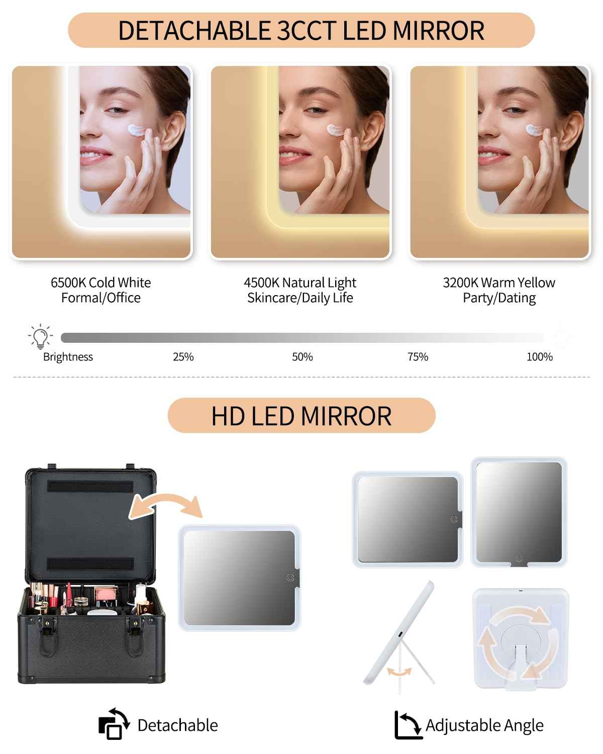 Makeup Case with Lighted Mirror, Travel Makeup Bag Organizer with 3CCT LED Mirror, Cosmetic Bag for Women with Adjustable Divider, Makeup Storage Box with Lock, Waterproof Travel Train Case