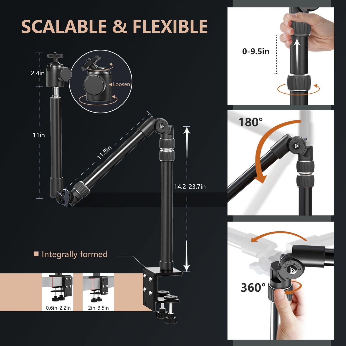 【All Metal】RAUBAY Desktop Magic Arm, Overhead Camera Desk Mount, Table Light Stand with 1/4“ Ball Head, 3/8" & 5/8" Adapter, C Clamp, Retractable Boom Arm for DSLR, Webcam, Microphone, Projector DMA01
