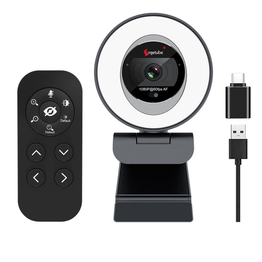 Angetube 1080P 60FPS Webcam, Streaming Webcam with Ring Light Web Camera with Microphone 5X Digital Zoom Remote Control Include, Built-in Privacy Cover for PC, Computer, Loptop, Mac, Windows 11