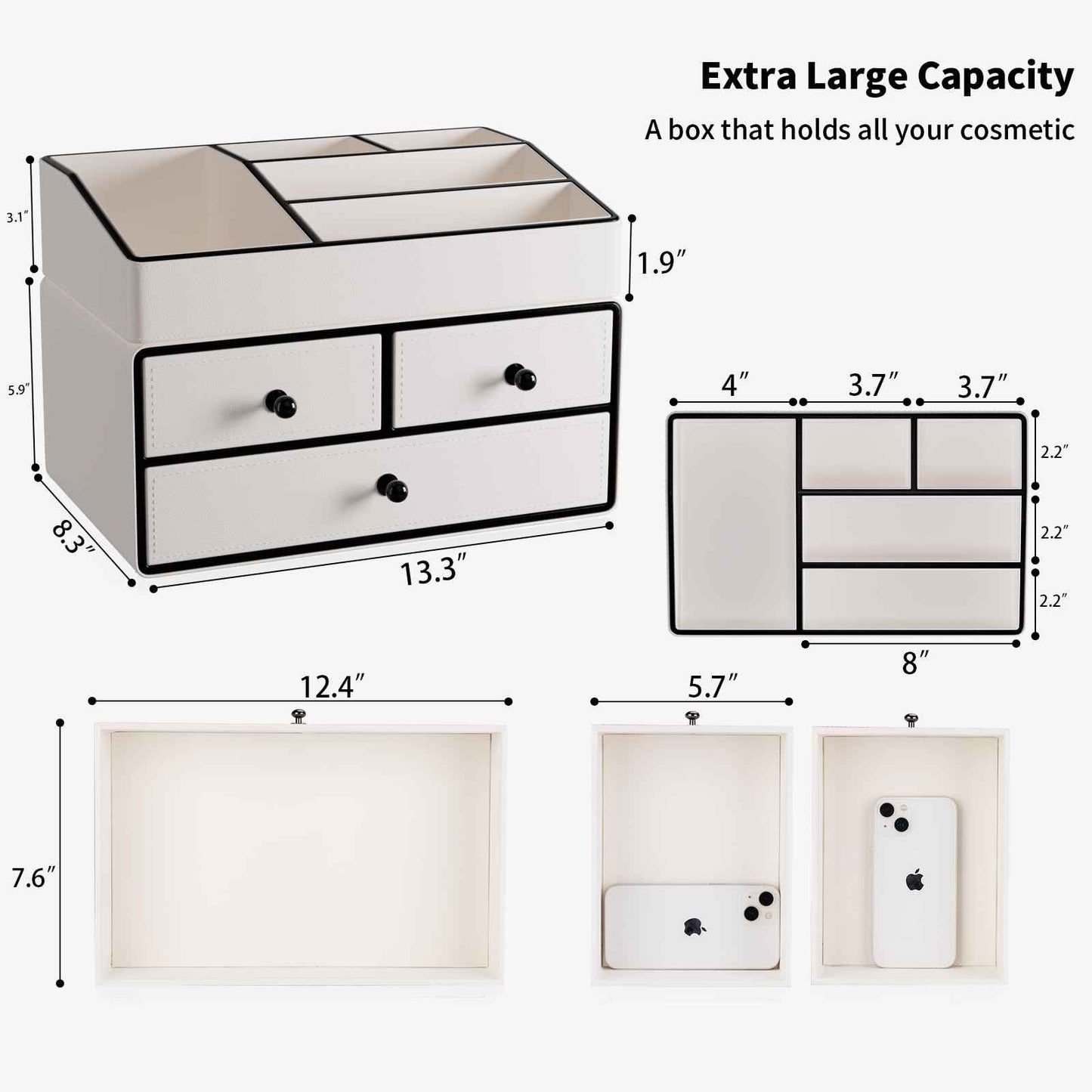 GORESE Leather Makeup Organizer with Drawers for Vanity, Stackable Skincare Holder Dresser Organizer Countertop, Make Up Storage Organizers Counter Cosmetic Display Case Gifts for Women(Cream White)