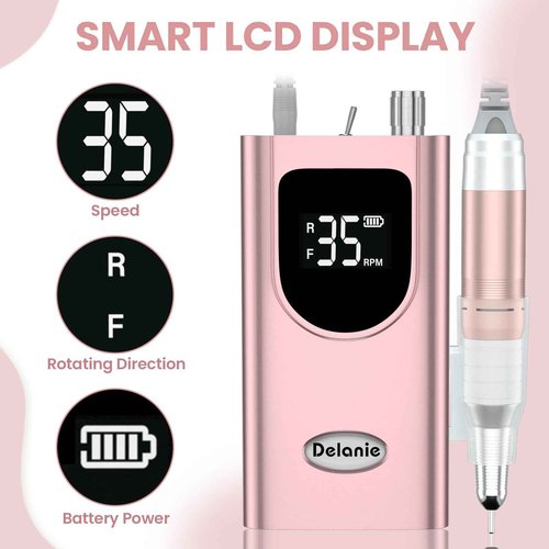 Delanie Professional Portable Electric Nail Drill Machine, 35000 RPM Rechargeable Cordless Nail Filer Electric Nail File Efle for Dip Powder Acrylic Gel Nail, Salon Nail Tool, Rose Gold