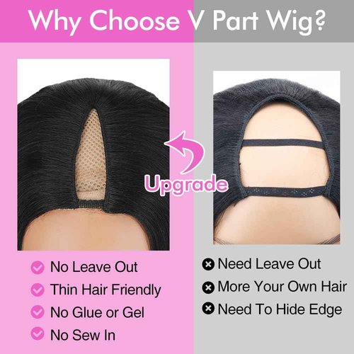 CHEETAHBEAUTY V Part Wigs Human Hair Straight V Shape Wigs for Black Women Upgrade U Part Wigs No Leave Out No Sew In No Glue Clip in Half Wigs 180% Density Natural Black 14Inch