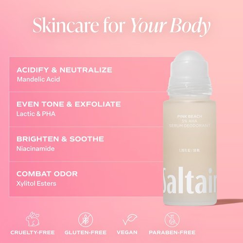 Saltair Body Oil and 2-Pack Serum Deodorant Set – Hydrating After-Shower Moisturizer and AHA Roll-On for Odor Control – Pink Beach Scent