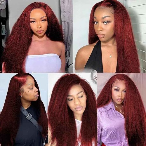 #99J Burgundy Bundles Human Hair Yaki Straight Bundles 34 34 34 Inch Wine Red Kinky Straight Bundle Human Hair Extensions Unproceesed Virgin Hair 50 Gram Per Bundle 3 Bundle