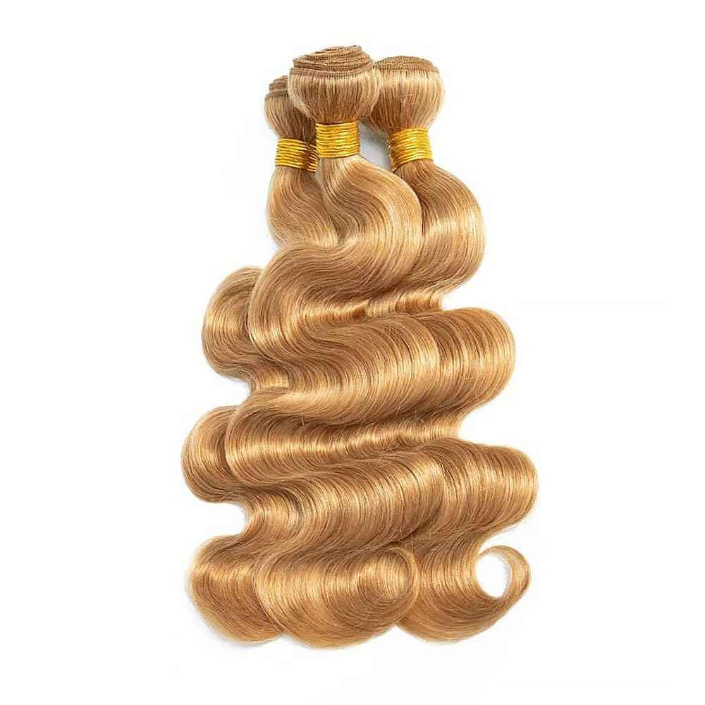 Honey Blonde Human Hair Bundles 28 30 32 Inch Body Wave Bundles Human Hair Unprocessed Native Virgin Hair 100/PC 3 Extensions #27 Blonde Color Wet and Wavy Human Hair Extensions for Women
