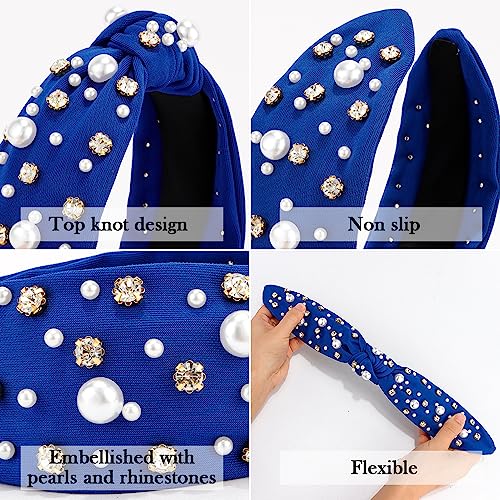 Knotted Headbands with Pearl Rhinestone Royal Blue Womens Headbands Wide Top Knot Headbands Beaded Headband Crystal Jeweled Head Bands for Women's Hair Embellished Headbands Non Slip Sparkly Hair Bands Fashion Hair Accessories for Girls Gifts