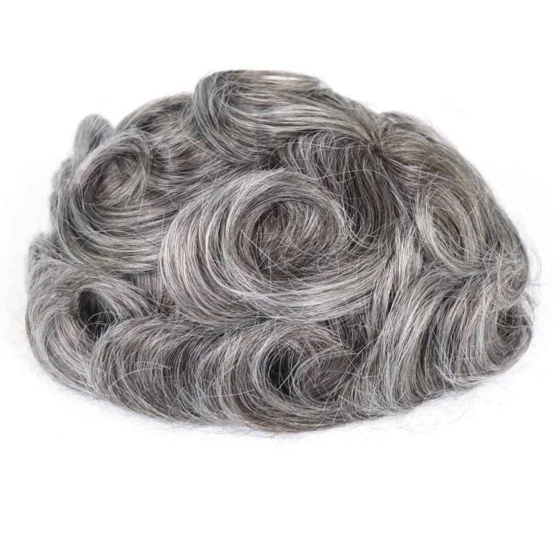 Grey Thin Skin Toupee for Men Hair System 8x10 Inch PU Poly Mens Toupee Human Hair Piece Replacement Hairpiece 450# Medium Brown with 50% Synthetic Gray
