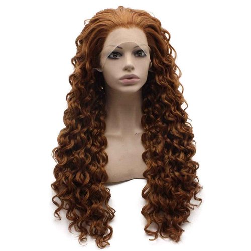 MX angel Long Curly Dark Auburn Curly Lace Front Synthetic Wig