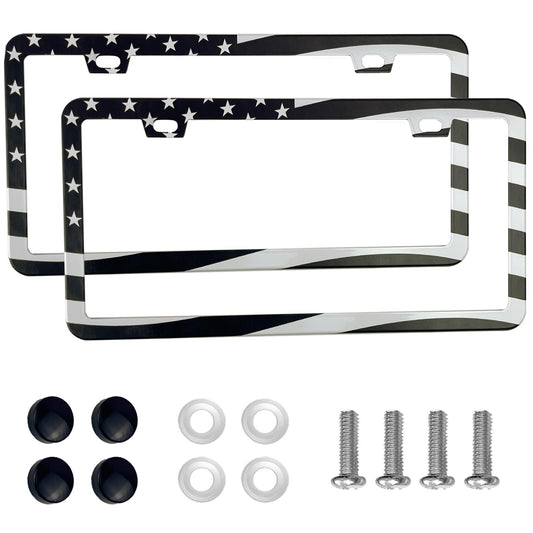 2PCS Premium American Flag License Plate Frame, Black License Plate Frames, 2 Holes Solid Stainless Steel License Plate Holder, Universal Car License Plate Frame for USA Flag, by Lengnoyp