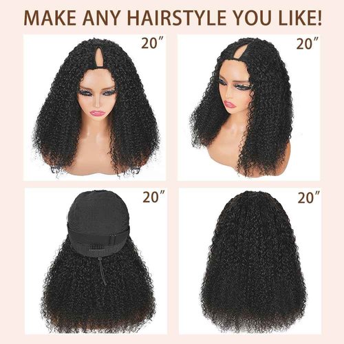 V Part Curly Wig Human Hair 200% Density Upgrade U Part Wig with Adjustable Drawstring No Leave Out Glueless V Shape Full Head Clip In Half Wig Human Hair Wig for Black Women Natural Color 16 Inch