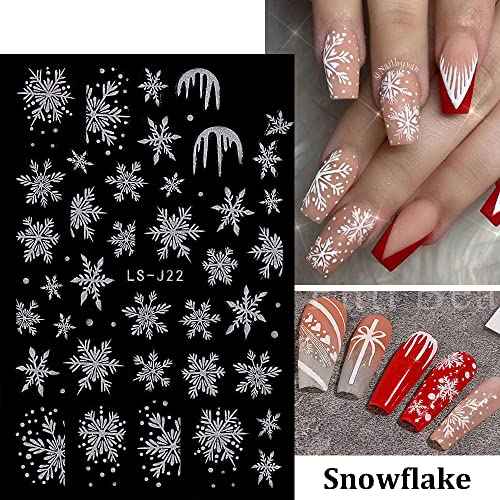 Christmas Nail Art Stickers Decals 3D Christmas White Snowflake Self-Adhesive Nail Art Supplies Snowflake Elk Heart Design Acrylic Nail Stickers for Women DIY Manicure Tattoos Decoration 6 Sheets