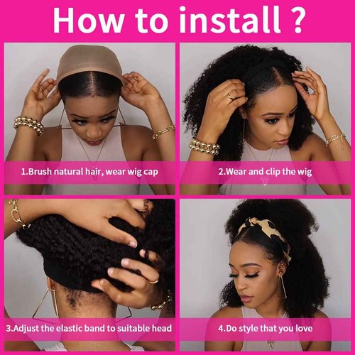 Aiterina Headband Wig for Black Woman 20 inch Brazilian Human Hair Wigs Deep Curly Wave Headband Wig Natural Color