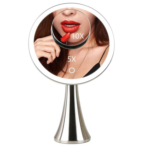 Surdy 9" Lighted Makeup Mirror, 5x/10x Dual Magnifying Mirror w/ 3 Color, Brightness Adjustable,360° Rotation, 4000 mAh Rechargeable, Women Gift, Vanity Mirror