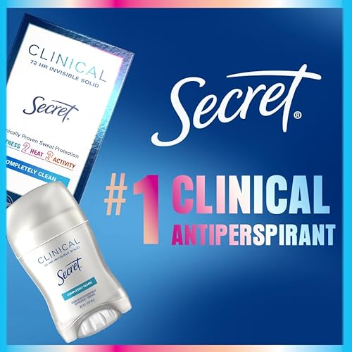 Secret Clinical Strength Antiperspirant Deodorant for Women, 3X Stress Protection, 72hr Sweat & Odor Protection, PH Balancing Minerals, Invisible Solid, Completely Clean Scent, 0.5 oz (Pack of 24)