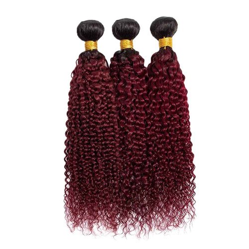 Ombre Bundles 1B99J Kinky Curly Human Hair 10 12 14 Inch Two Tone Black And Red Bundles 8A Grade Burgundy Kinky Curly Hair