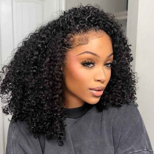 ISEE Half Wig Human Hair Glueless Wigs Upgrade 3 IN 1 Half Wig With Drawstring Seamless Clip Ins Flip Over Kinky Curly Human Hair No Glue No Lace For Women 180% Density 16 Inch