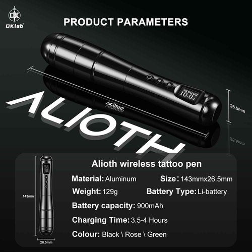 DKLAB Alioth Wireless Permanet Makeup Tattoo Pen Machine Kit Rotary Tattoo Gun with 2x Batteries Power Supply Lightweight Multi Functional Set for Professional Artists Permanent Makeup (Black)