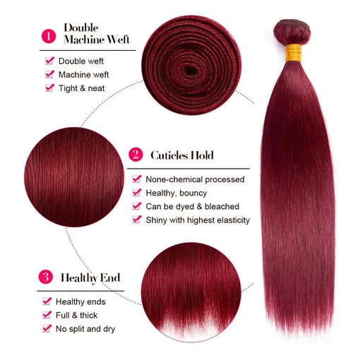 26 28 30 inch Red Human Hair Bundles Burgundy Straight 3 Bundles Human Hair 99J Burgundy Color