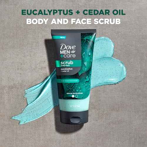 DOVE MEN + CARE Body and Face Scrub Eucalyptus Deeply Exfoliates for Hydrated & Nourished Skin 100% Gentle Cleanser, No Sulfate Cleansers or Parabens 9 oz
