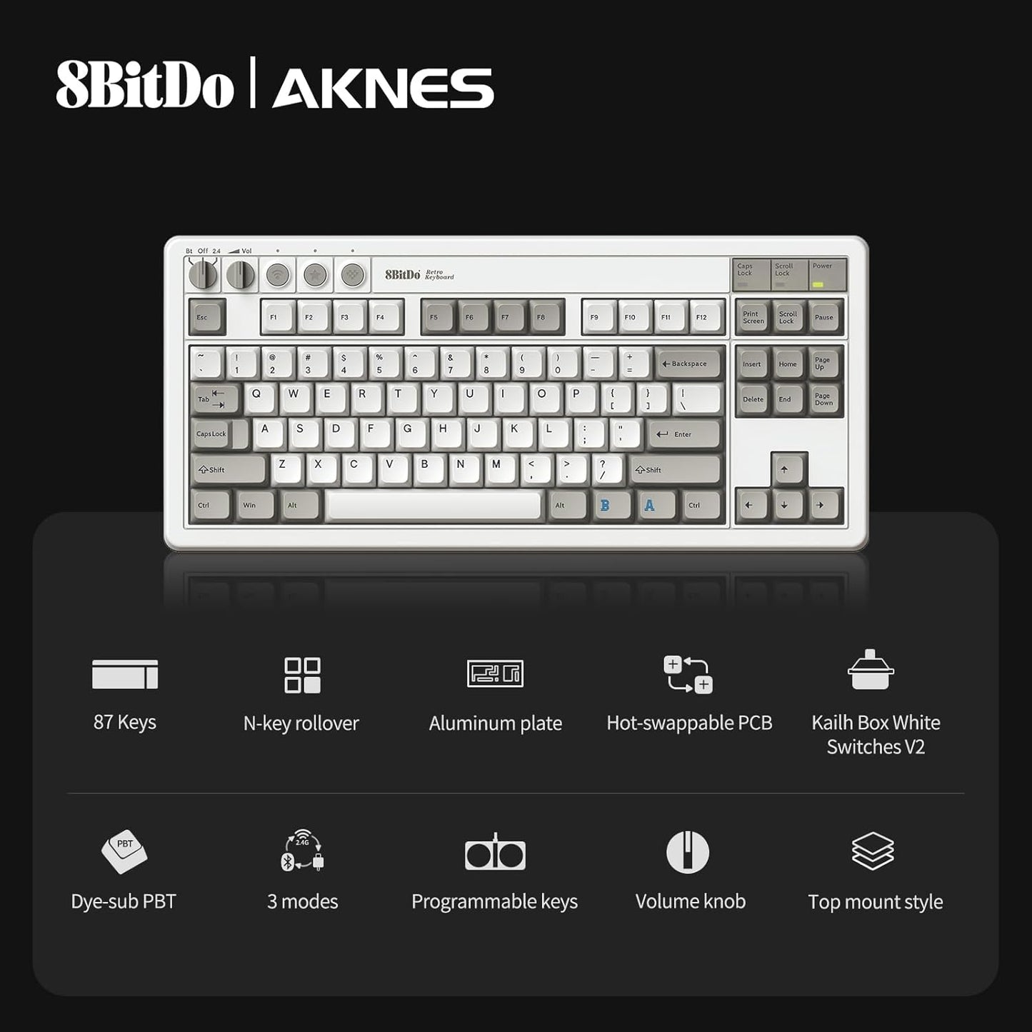 AKNES 8BitDo Retro 108 Mechanical Keyboard, Hot Swappable Gaming Keyboard with 108 Keys&Integrated Numpad, Dual Super Buttons, Bluetooth/2.4G/USB-C Keyboard for Windows & Android - N Edition