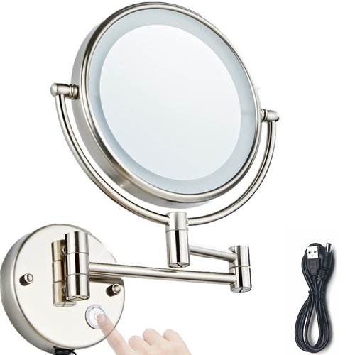 HIHIA Wall Mounted Makeup Mirror with 10X Magnification, 8 Inch Double Sided Vanity Magnifying Vanity Mirror with Led Lights for Girls, USB Rechargeable, Touch Control ON/Off (Nickel)